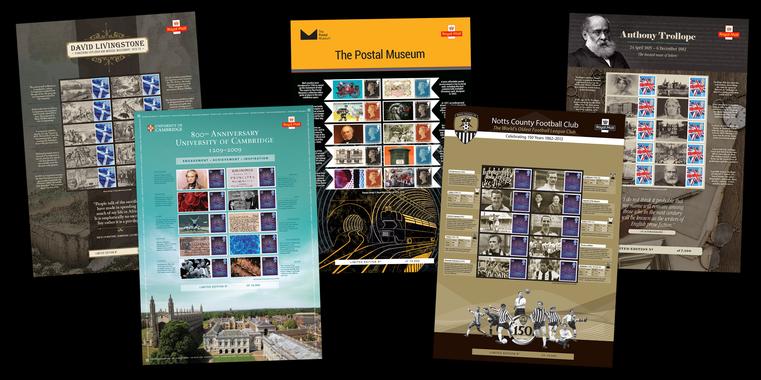 Royal Mail Commemorative Stamp Sheets: Cambridge University, Notts County FC, The Postal Museum, David Livingstone, Anthony Trollope